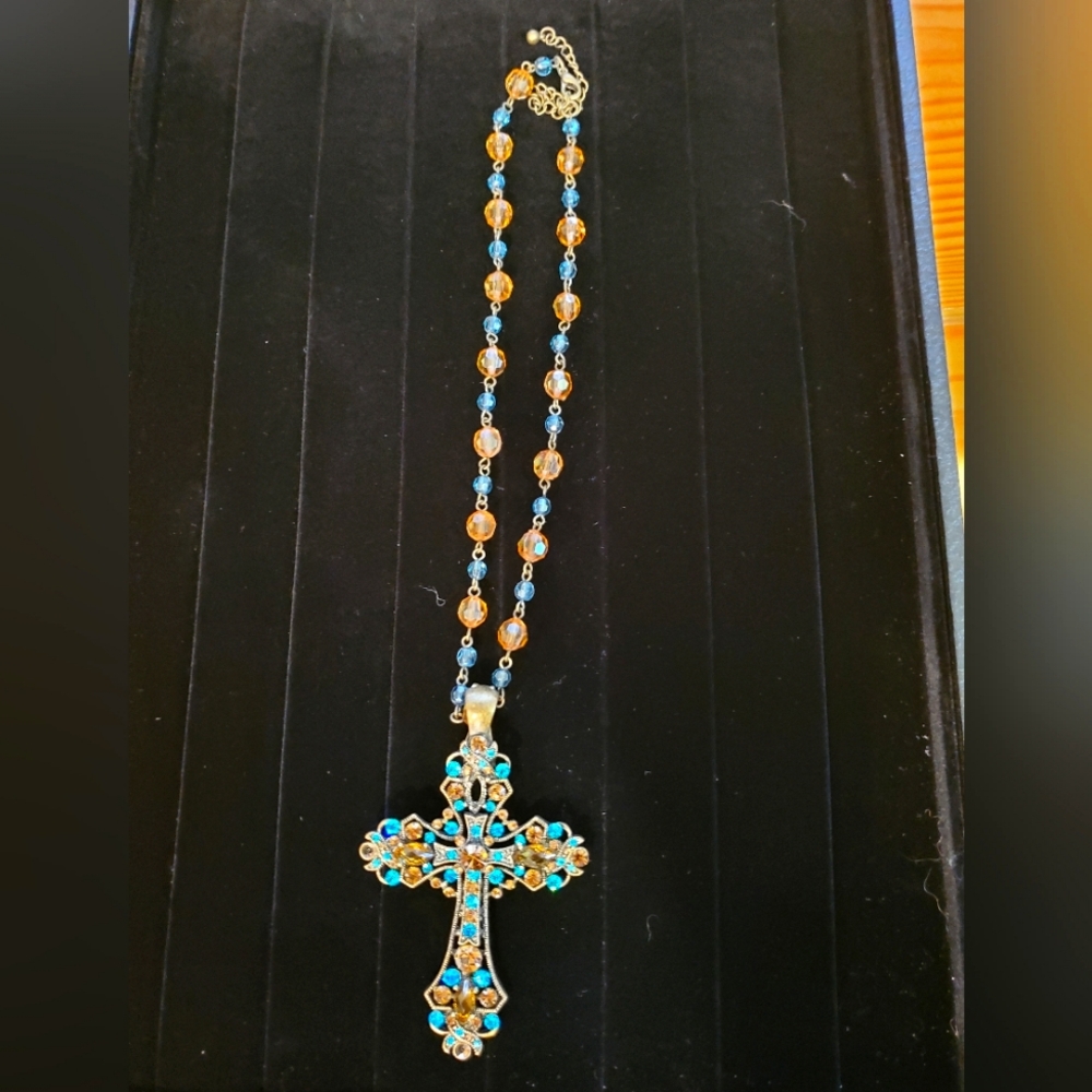 Elegant Gold Tone With Bronze and Blue Cross Pendant Necklace